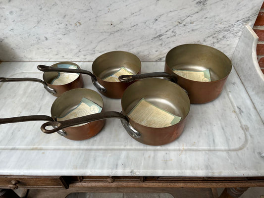 fa4066 Set 5 French copper pots with labels