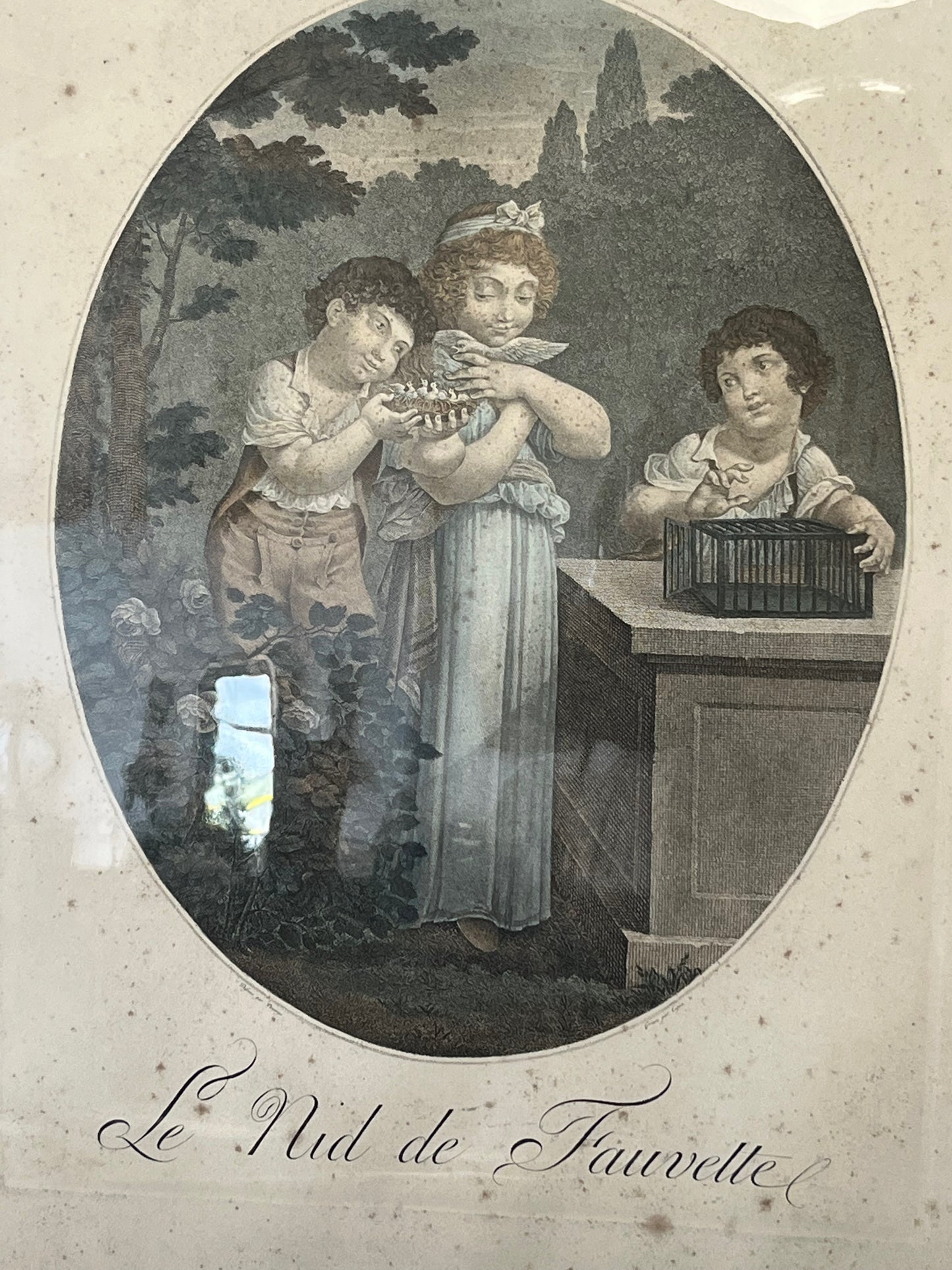 French antique framed print of children with birds