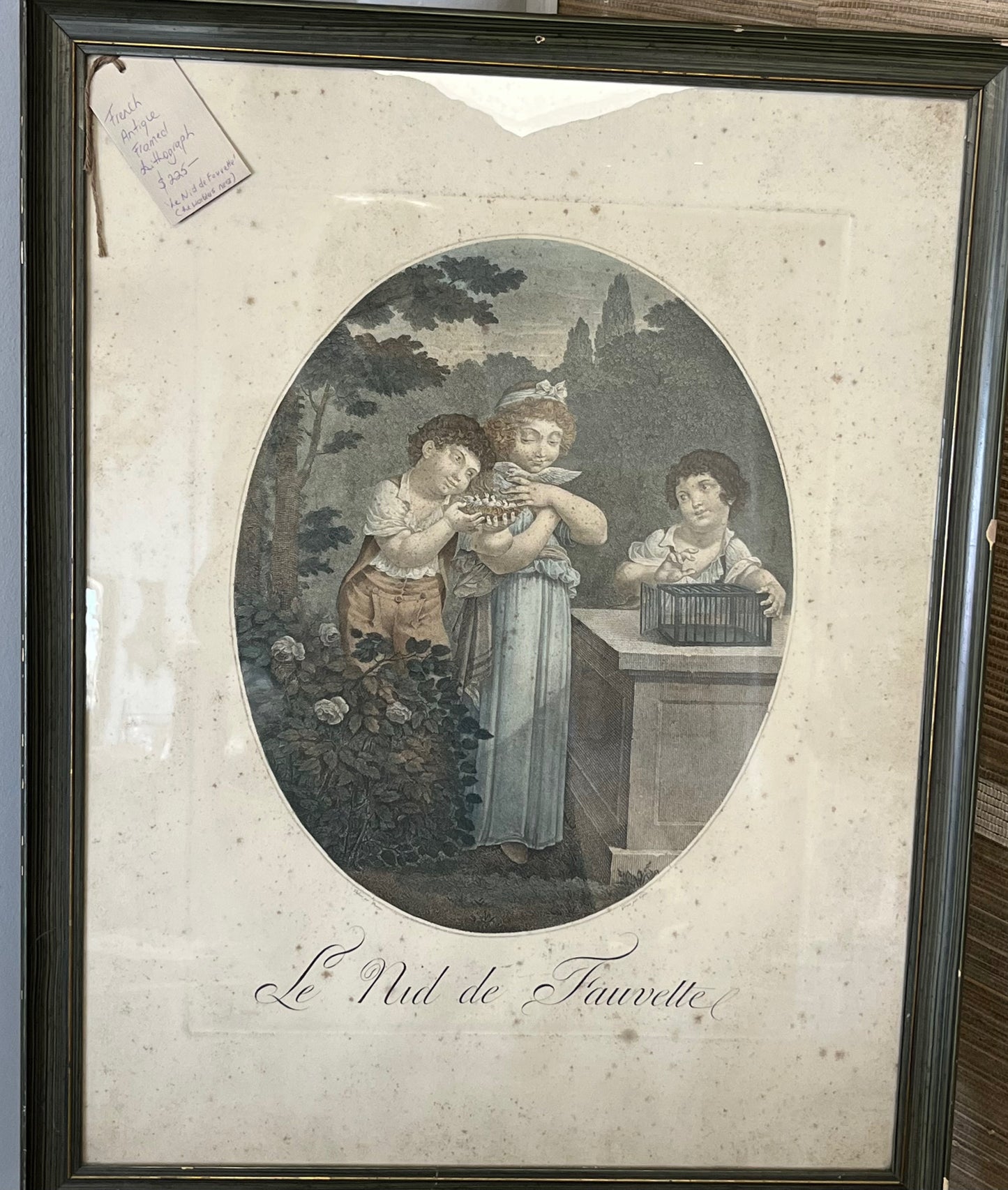 French antique framed print of children with birds