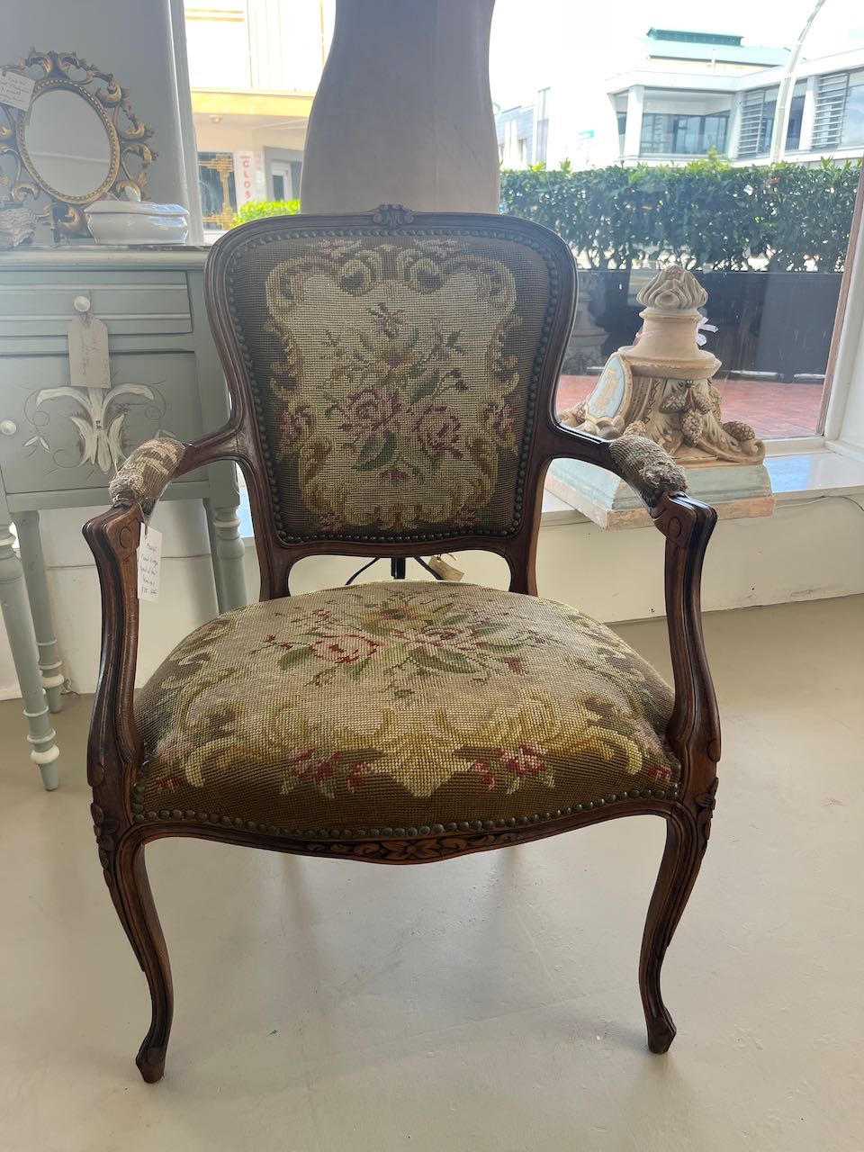 fa4545 french antique Tapestried chair ( some wear on arms)