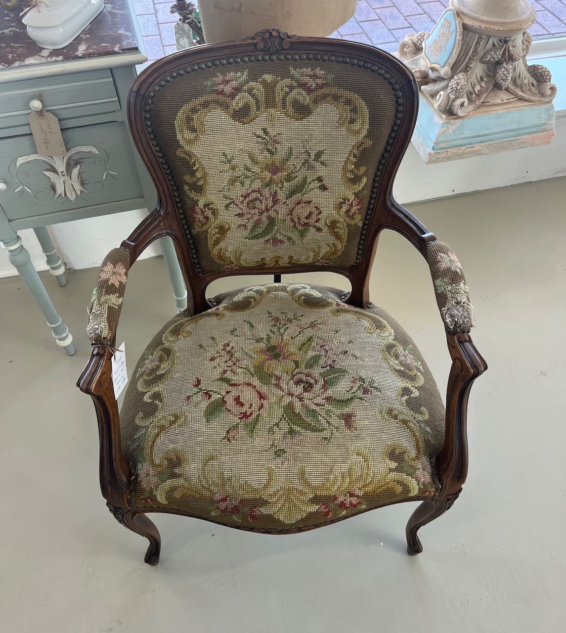 fa4545 french antique Tapestried chair ( some wear on arms)