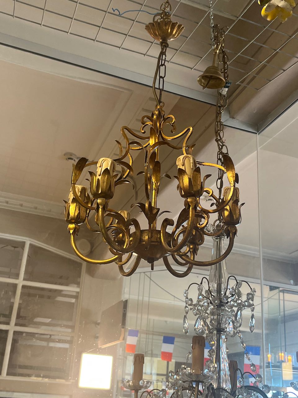 fa4515 6 arm gold chandelier, french vintage