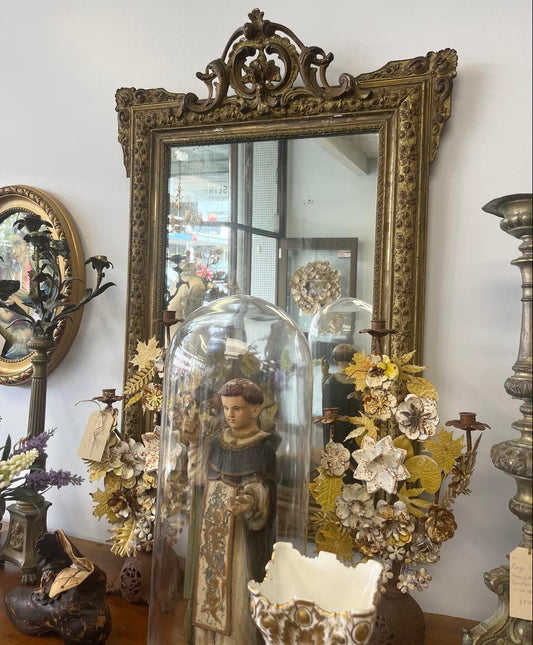 fa3411 Large french antique gilded mirror with ornate top.