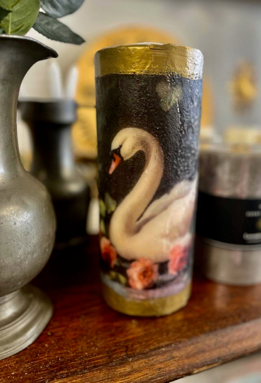 T14 Large Candle with a beautiful wax image of a Swan surrounded by roses