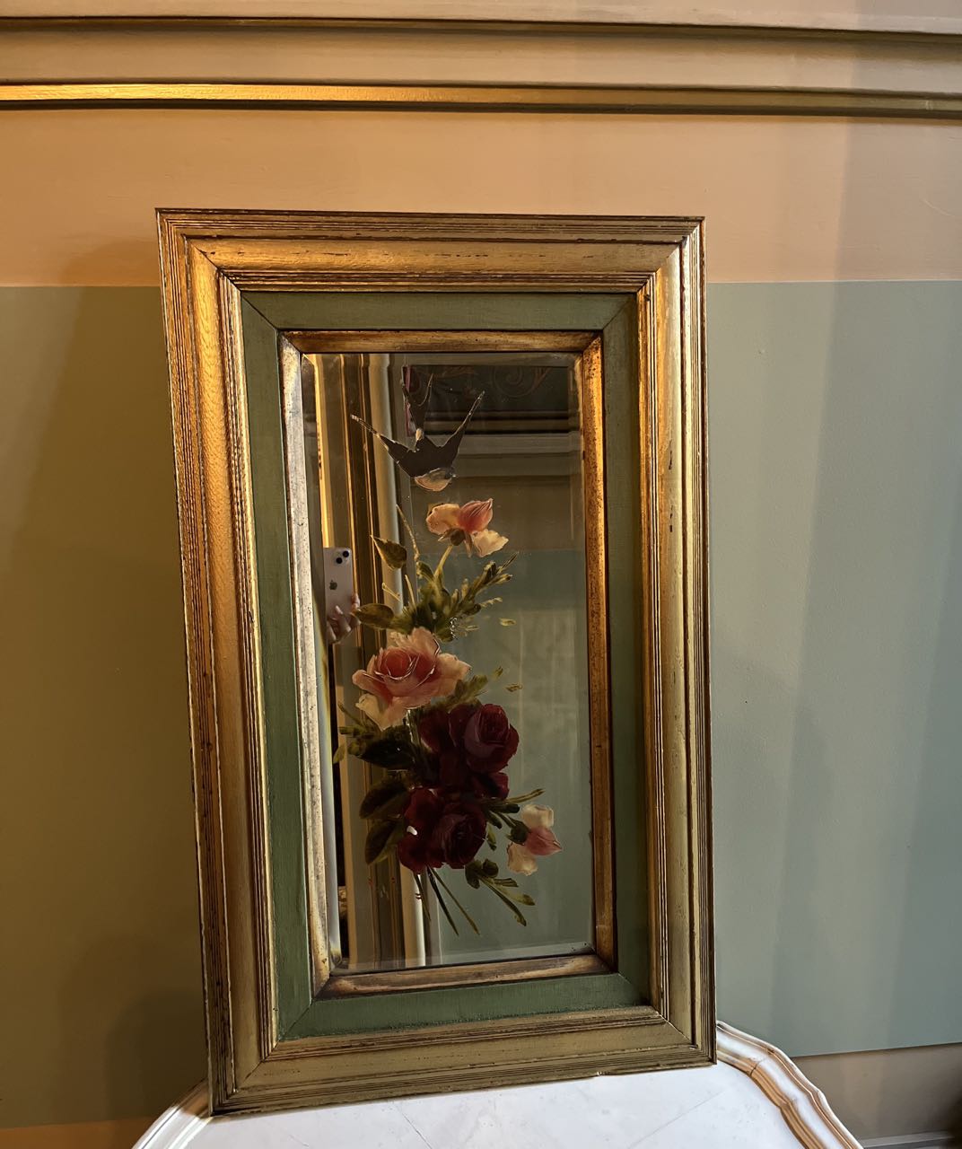 fa3694 French, Hand painted framed mirror with painting