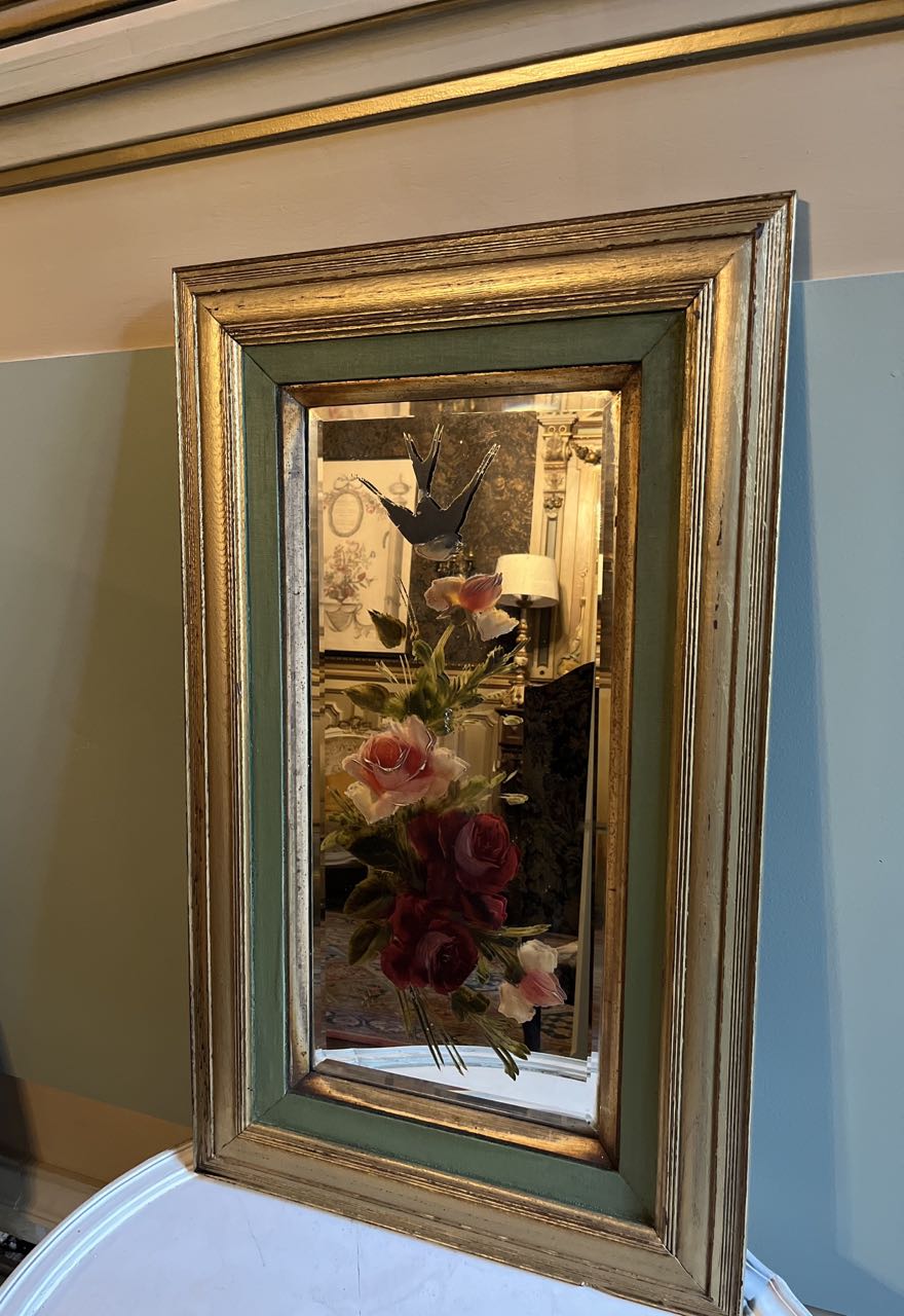 fa3694 French, Hand painted framed mirror with painting