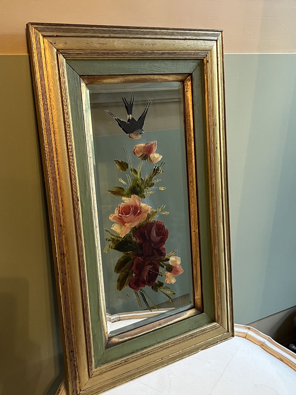 fa3694 French, Hand painted framed mirror with painting