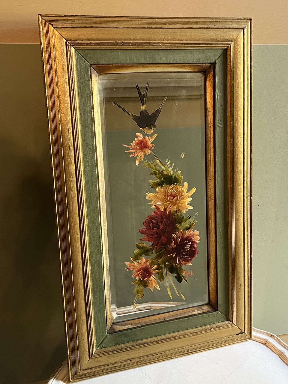 fa3694 French, Hand painted framed mirror with painting